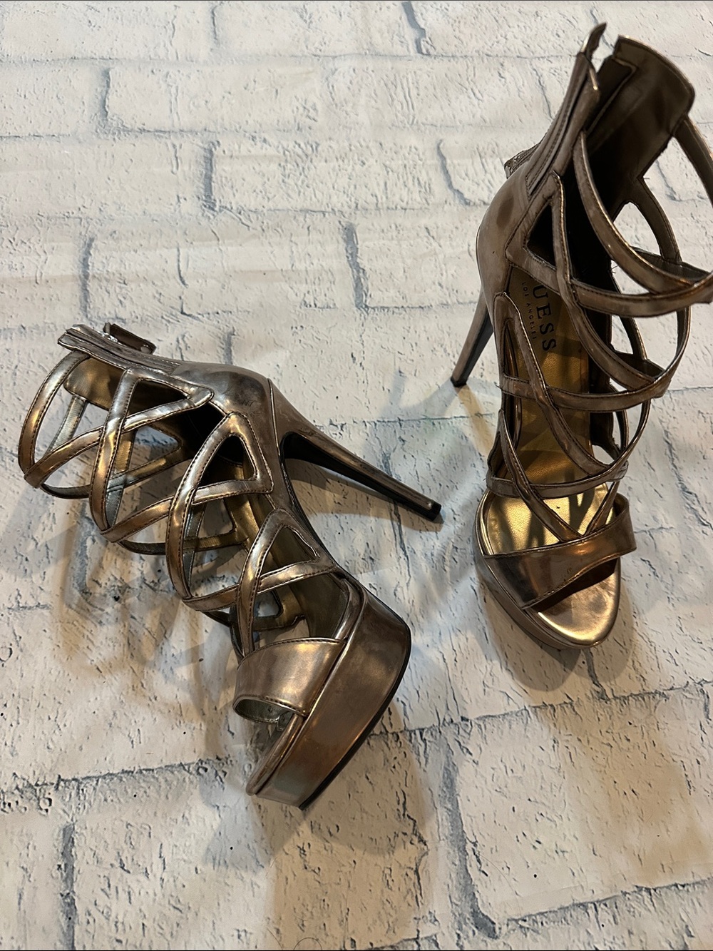 GUESS Metallic Bronze Strappy Platform Heels